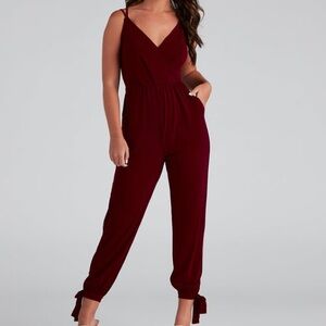 Windsor Sleeveless Surplice Jumpsuit Adjustable Sleeves Burgundy Size XLarge